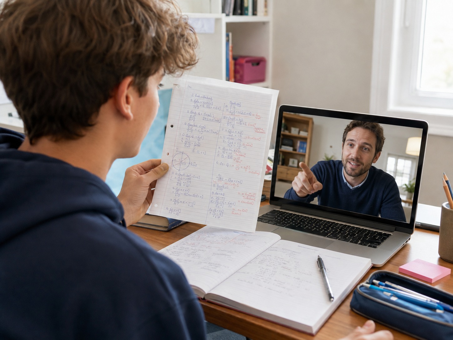 Un élève montre son devoir à la caméra pendant que le formateur le commente en visioconférence